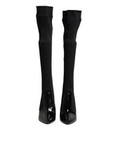 Dolce & Gabbana Black Leather Ribbed Knit Knee Boots Shoes
